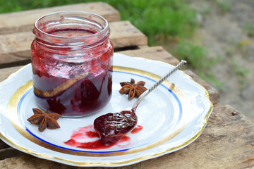 Plum jam with star anise and cinnamon. Fruit marmalade. Autumn canning and preserving. Conservation of harvest. Organic healthy vegetarian food.