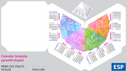 Template spanish calendar 2019 by seasons pyramid shaped, vector watercolor background