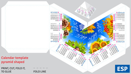 Template spanish calendar 2019 by seasons pyramid shaped, vector background