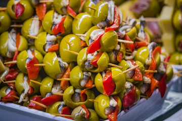 Canapes of cheese vegetables meat and seafood 