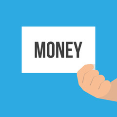 Man showing paper MONEY text