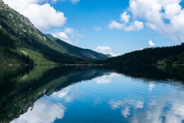 Panoramic view of summer alpine mountain lake