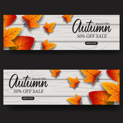 Naklejka premium autumn poster fall leaves template with wood background. vector illustration. sale autumn template