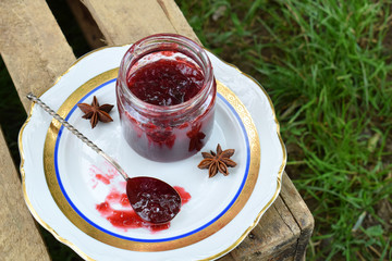 Plum jam with star anise and cinnamon. Fruit marmalade. Autumn canning and preserving. Conservation of harvest. Organic healthy vegetarian food.