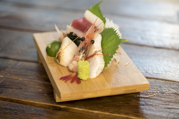 Sashimi, Salmon, Japanese food on the wood table.