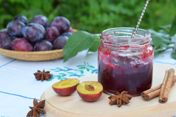Plum jam with star anise and cinnamon. Fruit marmalade. Autumn canning and preserving. Conservation of harvest. Organic healthy vegetarian food.