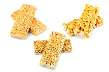 Sunflower seeds, sesame seeds, peanuts in caramel.