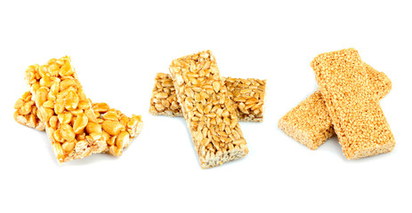 Sunflower seeds, sesame seeds, peanuts in caramel.