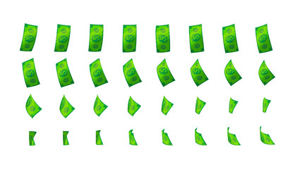 Sprite animation falling money paper dollars green glossy cartoon