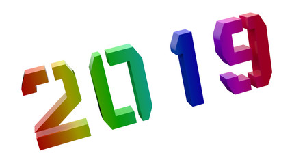 2019 Happy New Year 3D Rendered Text With DepotTrapharet2DRegular Font Illustration Colored With RGB Rainbow Gradient, Isolated On White Background ..