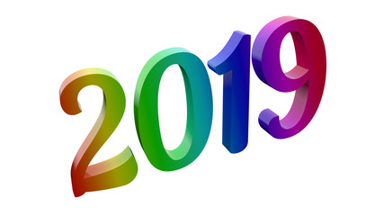 2019 Happy New Year 3D Rendered Text With Nautilus-Pompilius Font Illustration Colored With RGB Rainbow Gradient, Isolated On White Background ..