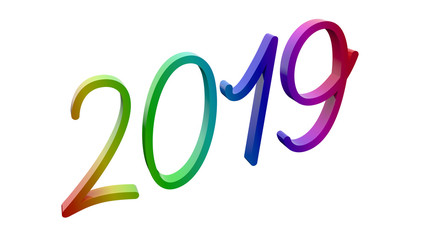 2019 Happy New Year 3D Rendered Text With Nickainley Font Illustration Colored With RGB Rainbow Gradient, Isolated On White Background ..