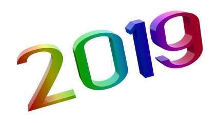 2019 Happy New Year 3D Rendered Text With Okolaks Font Illustration Colored With RGB Rainbow Gradient, Isolated On White Background ..
