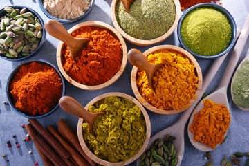 Variety of spices on kitchen table