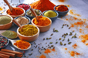 Variety of spices on kitchen table