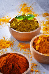 Variety of spices on kitchen table