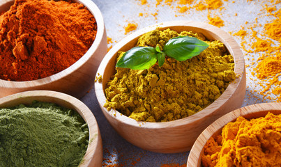 Variety of spices on kitchen table