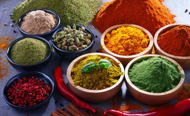Variety of spices on kitchen table