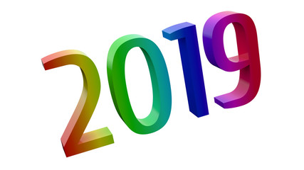 2019 Happy New Year 3D Rendered Text With Cuprum Font Illustration Colored With RGB Rainbow Gradient, Isolated On White Background ..