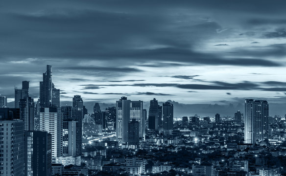 night urban cityscape with blue tone filter