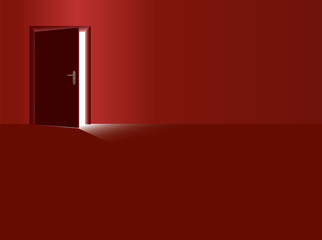 Red room and half open door with incidence of light coming in. Vector illustration.