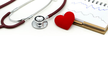 Cardiogram with stethoscope and red heart,A heart beats graph concept.