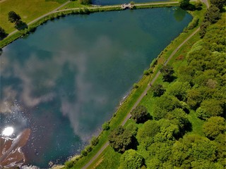 Aerial photo of a lake in a city park in Birmingham Uk