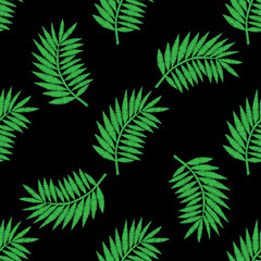 Palm leaf seamless pattern embroidery stitches imitation on the black background