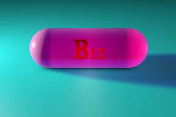 Transparent pink vitamin B12 capsule. Vitamin and mineral complex. 3d illustration