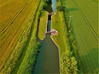 Aerial photo of Birmingham and Fazeley Canal crossing the England countryside