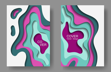 Vector paper cut layouts design collection for covers, flyers, posters. 3D abstract backgrounds with papercut shapes. Vertical paper cutout template for banner, brochure cover, booklet design.