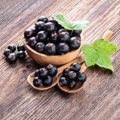 Fresh ripe black currant in wooden bowl with original leaves and two spoons on rustic old background close-up.