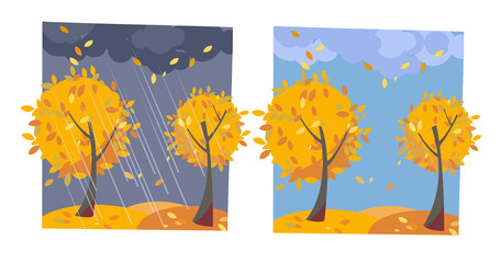 Autumn yellow trees with flying leaves. Set of two non-parallel pictures with a view of good sunny weather and rainy evening. Flat cartoon vector illustration. Trees with round crown of classic leaves
