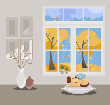 Window with a view of yellow trees and flying leaves. Autumn interior with sleepping cat and dog, vases, pictures on grey wallpaper. Rainy good weather outside. Flat cartoon style vector illustration.
