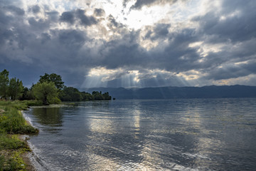 Lake Ohrid landscapes and Boat washed on beach in Macedonia
