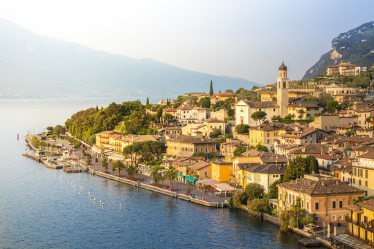 Sunrise in Limone del Garda, on the west side of Garda Lake. Brescia district, Lombardia, Italy