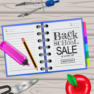 back to school sale template with wood background. vector illustration.