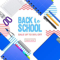 back to school sale template with notebook and memphis style. vector illustration.