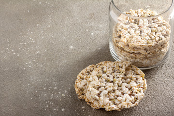 Crispy ecological rice cakes on rustic background. Low fat concept
