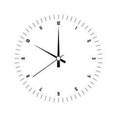 Clock face. Hour dial with numbers and hour, minute and second hand. Dashes mark minutes and hours. Simple flat vector illustration.