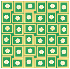 Abstract seamless pattern texture of golden rectangular frames over green background with golden white blossoms template Vector illustration