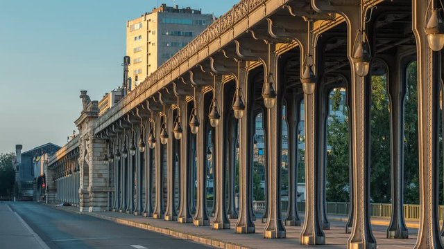 Seine bridge Bir-Hakeim during sunrise timelapse in the center of Paris a beautiful summer morning, Paris, France.