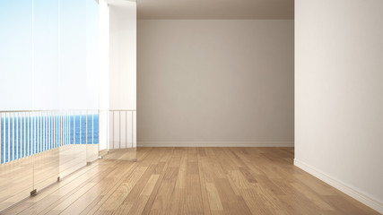 Empty interior with parquet floor and big panoramic terrace. Sea ocean panorama with blue sky in the background. Eco house interior design