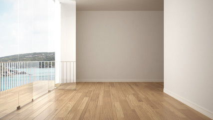 Empty interior with parquet floor and big panoramic terrace. Sea and granite rock panorama with blue sky in the background. Eco house interior design