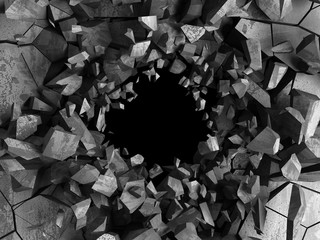 Dark cracked broken hole in concrete wall. Grunge background