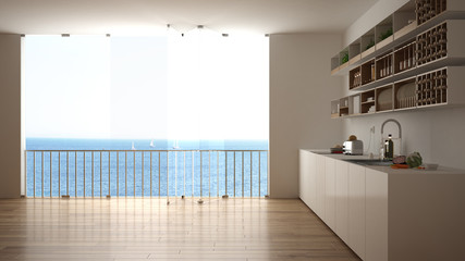 Minimalist white and wooden kitchen with parquet floor and big panoramic window. Sea ocean panorama with blue sky in the background. Eco house interior design