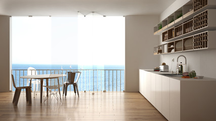 Minimalist white and wooden kitchen with dining table and big panoramic window. Sea ocean panorama with blue sky in the background. Eco house interior design