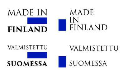 Simple Made in Finland / Valmistettu Suomessa (finnish) label. Text with national colors arranged horizontal and vertical.