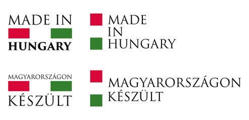 Simple Made in Hungary / (hungarian translation) label. Text with national colors arranged horizontal and vertical.