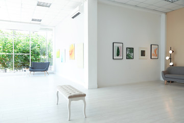 Naklejka na ściany i meble Empty hall of modern art gallery with exhibits